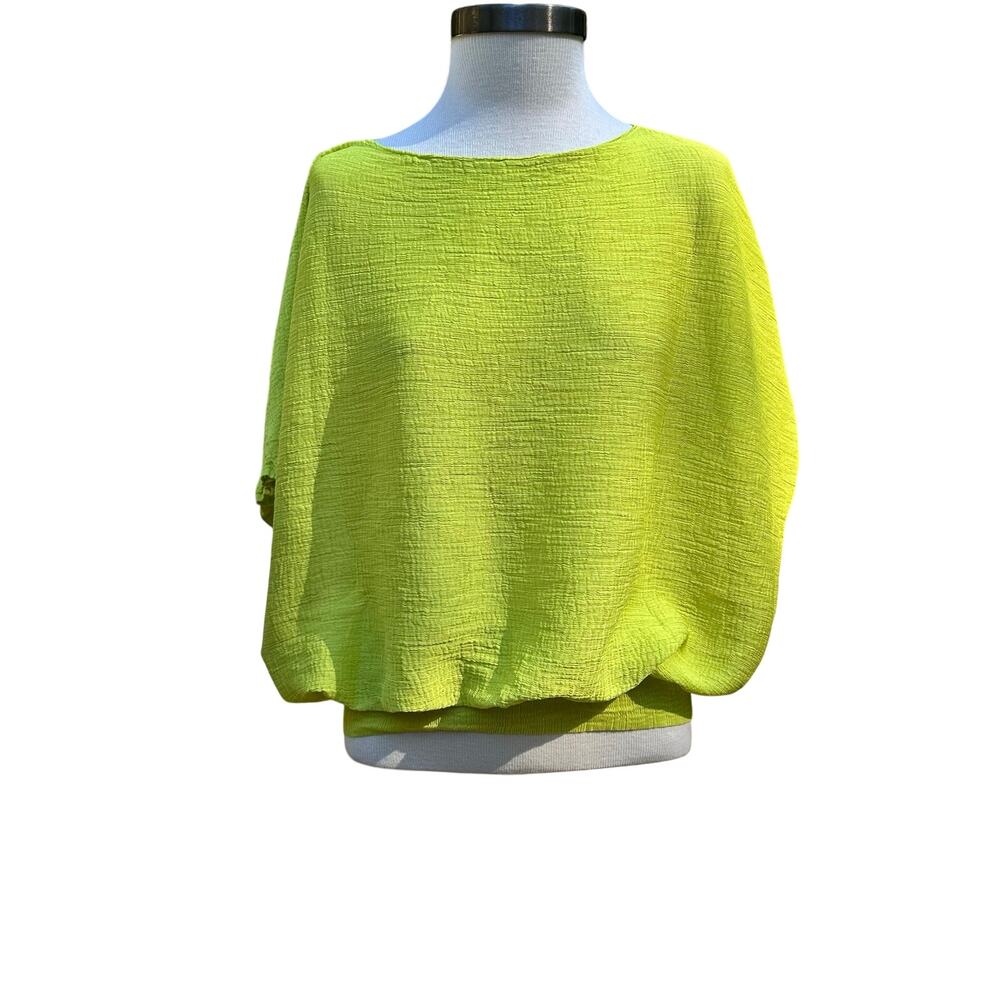 ISSEY MIYAKE Me Pleated Bright Green Blouse Womens Stretch Size Small